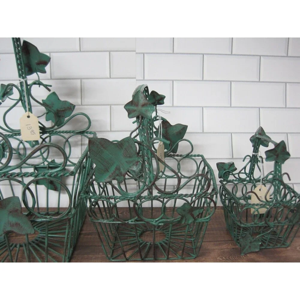 Lot of 3 Vintage Metal Wire Nesting Baskets Ivy Leaves w/ Handle NOS